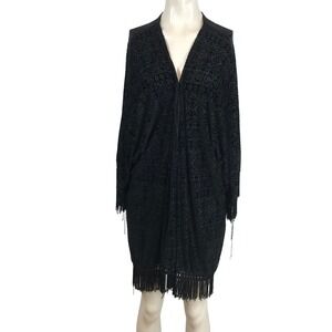 Vocal Black Burnout Velvet Geometric Fringe Kimono Cardigan Duster Made in USA